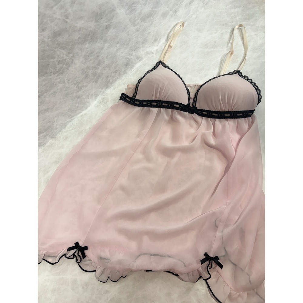 Gilligan & O'Malley Pink Babydoll Chemise Black Lace Trim Padded Cups Womens M